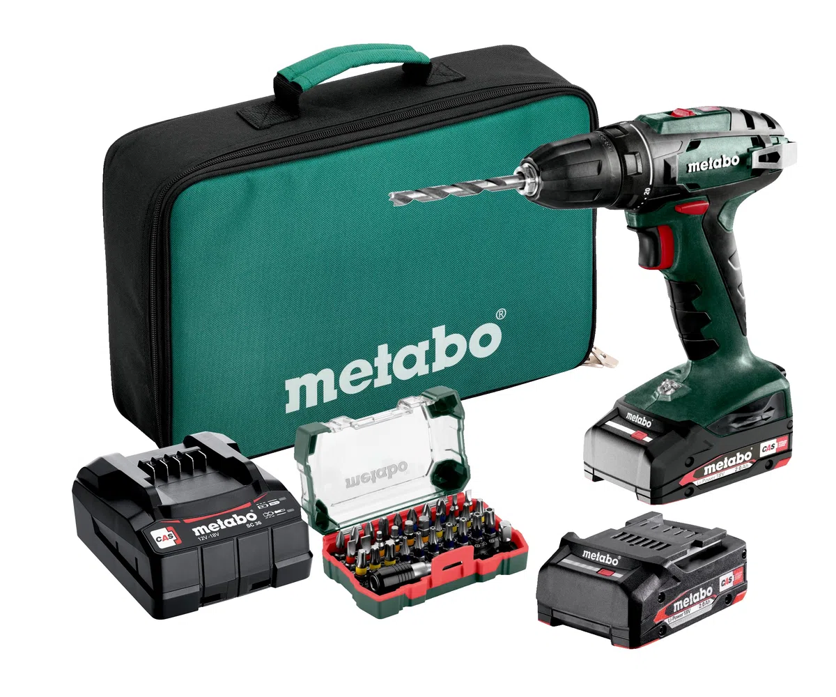 metabo Akku-Bohrschrauber BS 18, 18V Bohrmaschine Set & 32-teilige Bit-Box | Kraftvoller Akkubohrer inkl. 2 Akkus, Ladegerät, Bit-Box und Werkzeugtasche für mobile Geräte, 18 V Akku-System