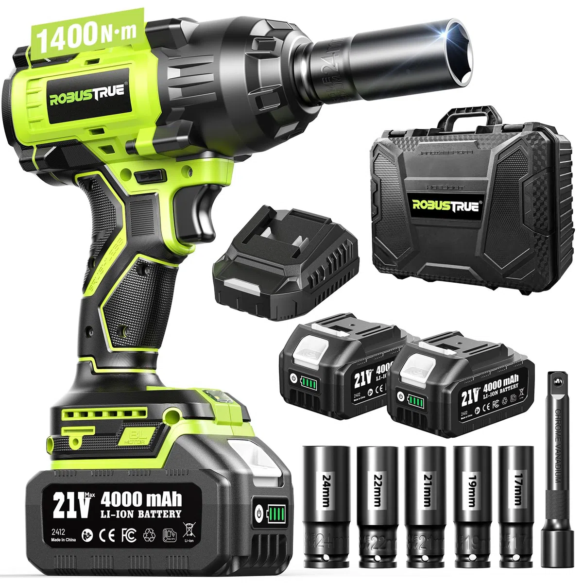 Robustrue 1400N.m Akku Schlagschrauber 1/2 Zoll, Bürstenloser Hochdrehmoment Schlagschrauber, 2400 U/min, 2×4,0Ah Akkus, Schnellladegerät, Für LKW, Wohnmobil, Rasenmäher