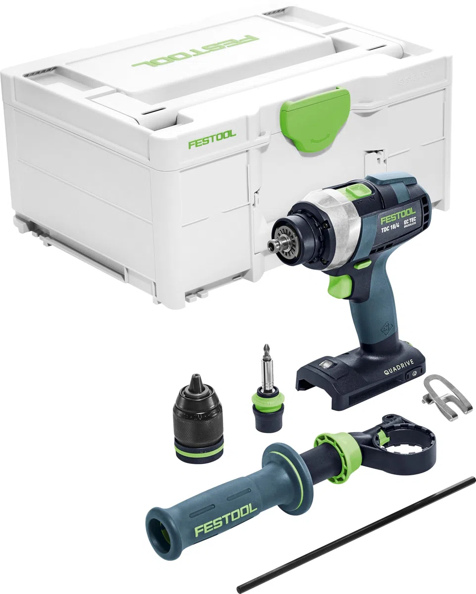 Festool Akku-Bohrschrauber TDC 18/4 I-Basic Quadrive - 18V Schrauber | Bürstenloser EC-TEC Motor, 4-Gang-Metallgetriebe, FastFix Schnellspannbohrfutter, inkl. Systainer SYS3 M 187, Bit & Clip