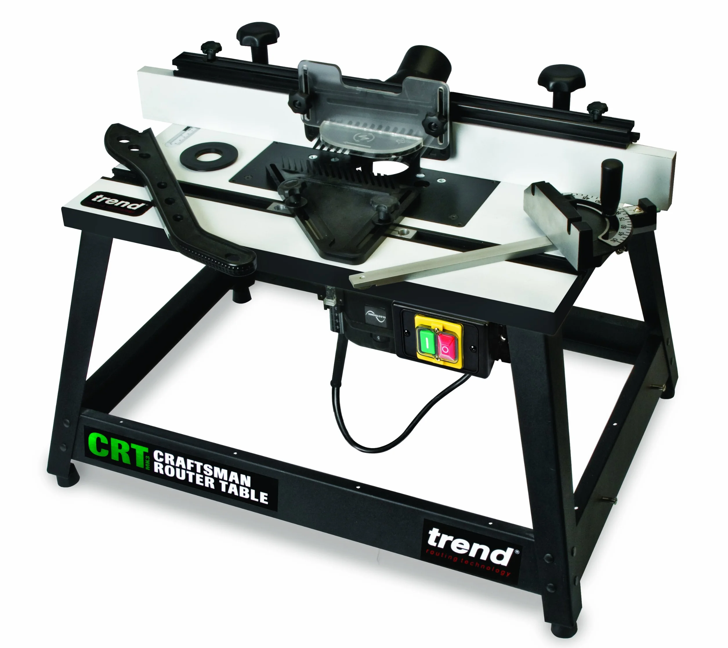 Trend CRT EU Tragbarer Fräsanschlag-Tisch für Werkbankeinsatz, Robuste Stahlkonstruktion, Laminierte 610 x 405 mm Arbeitsfläche, Einstellbarer Anschlag mit 57 mm Absaugstutzen, 230V, CRT/MK3/EURO