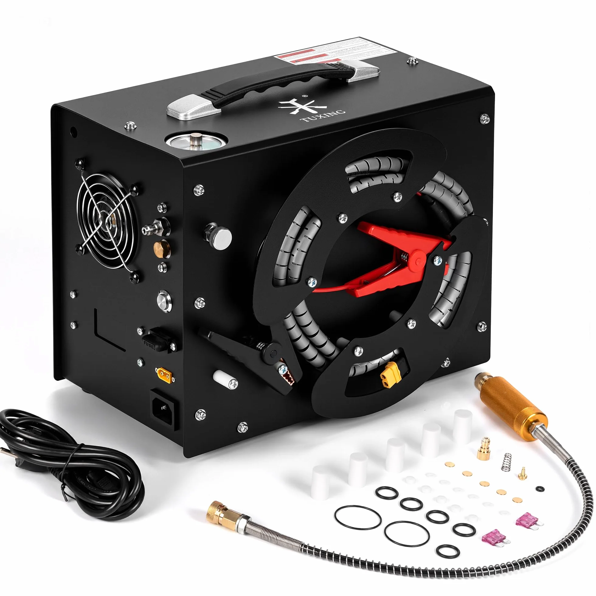 TUXING 4500Psi Pcp Luftkompressor,Eingebauter Konverter/Wasser-Öl-Filter,Auto Stop,Öl/Wasser frei,Einzigartiges Vertikales+Draht Spulen Design,Angetrieben von 12V oder 220V für Paintball/Scuba Tank