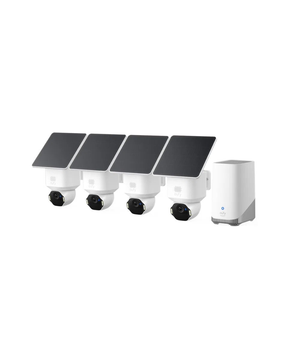 eufy SoloCam E42 (4-Cam Kit), Überwachungskamera Außen, Solar, kabellos | 4K Überwachungskamera für außen, KI-Bewegungstracking, HomeBase S380, lokaler Speicher bis 16TB, Gesichtserkennung