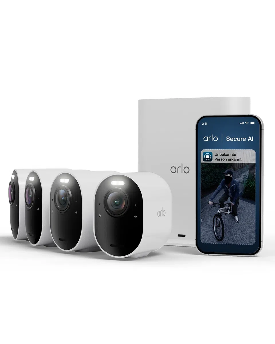 Arlo Ultra 3 Überwachungskamera Aussen WLAN, Kabellos, 4K UHD, KI-Erkennung, Auto-Tracking, Farb-Nachtsicht, Zwei-Wege-Audio, Lokaler Speicher, Secure Testversion, 4 Kameras mit Smarthub