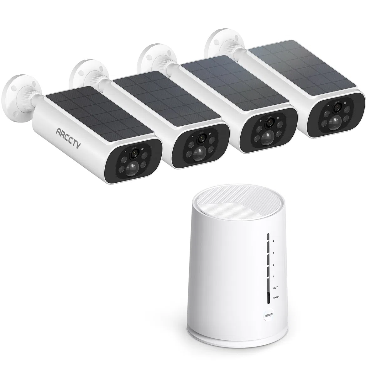 ARCCTV 4MP Überwachungskamera Aussen Set, WLAN Kamera Outdoor Solar | Ohne ABO, Personenerkennung, PIR Motion Sensor, Vollfarbige Nachtsicht, 4 Kameras mit Basisstation, mit Speicherkarte