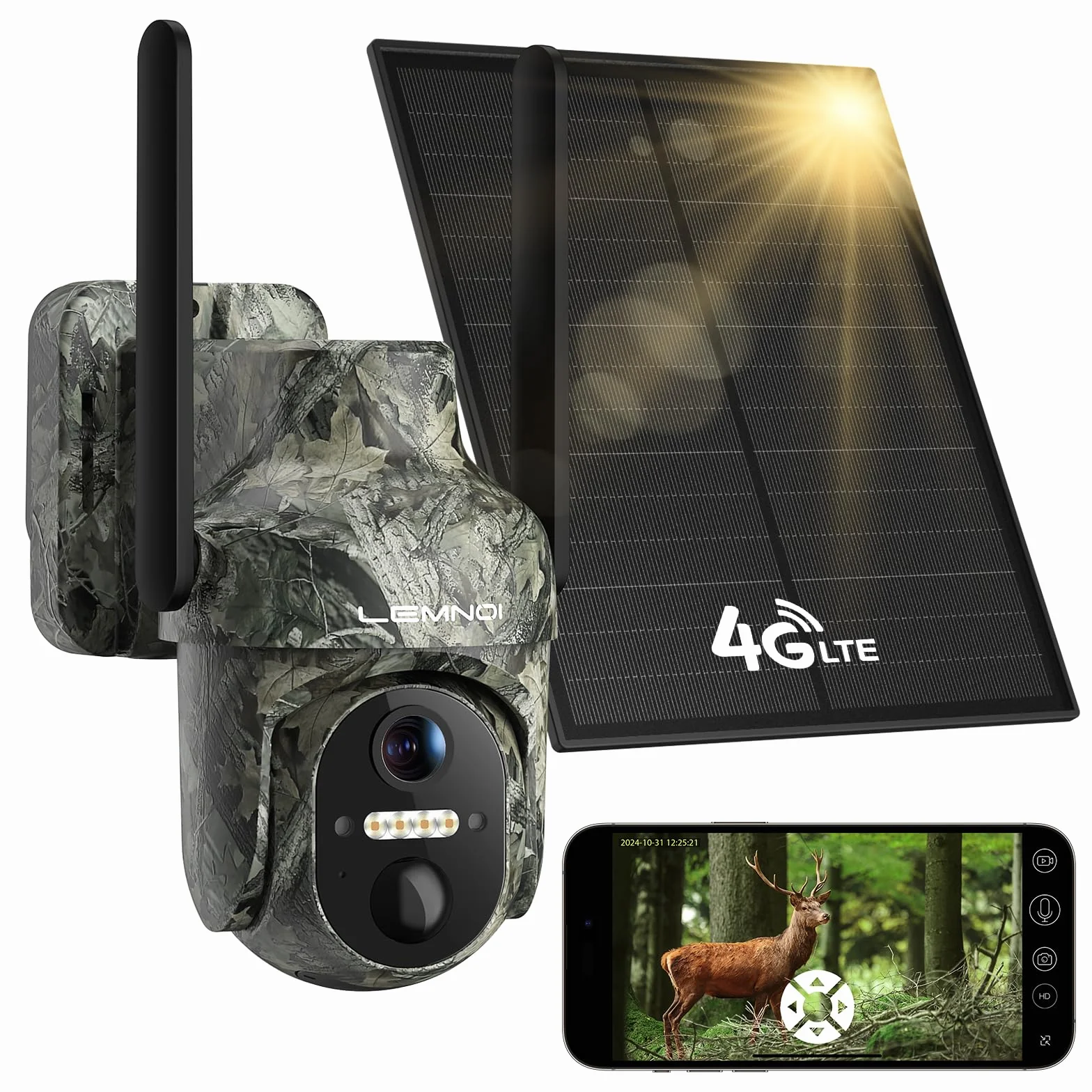 Lemnoi 4G LTE Solar Wildkamera mit SIM-Karte, 2K Live, Farbnachtsicht, IP66 | Wiederaufladbare Batterien,PIR Erkennung, Wasserdicht, App-Steuerung, Cloud & SD-Speicherung, Alarm-Push, 2-Wege-Audio