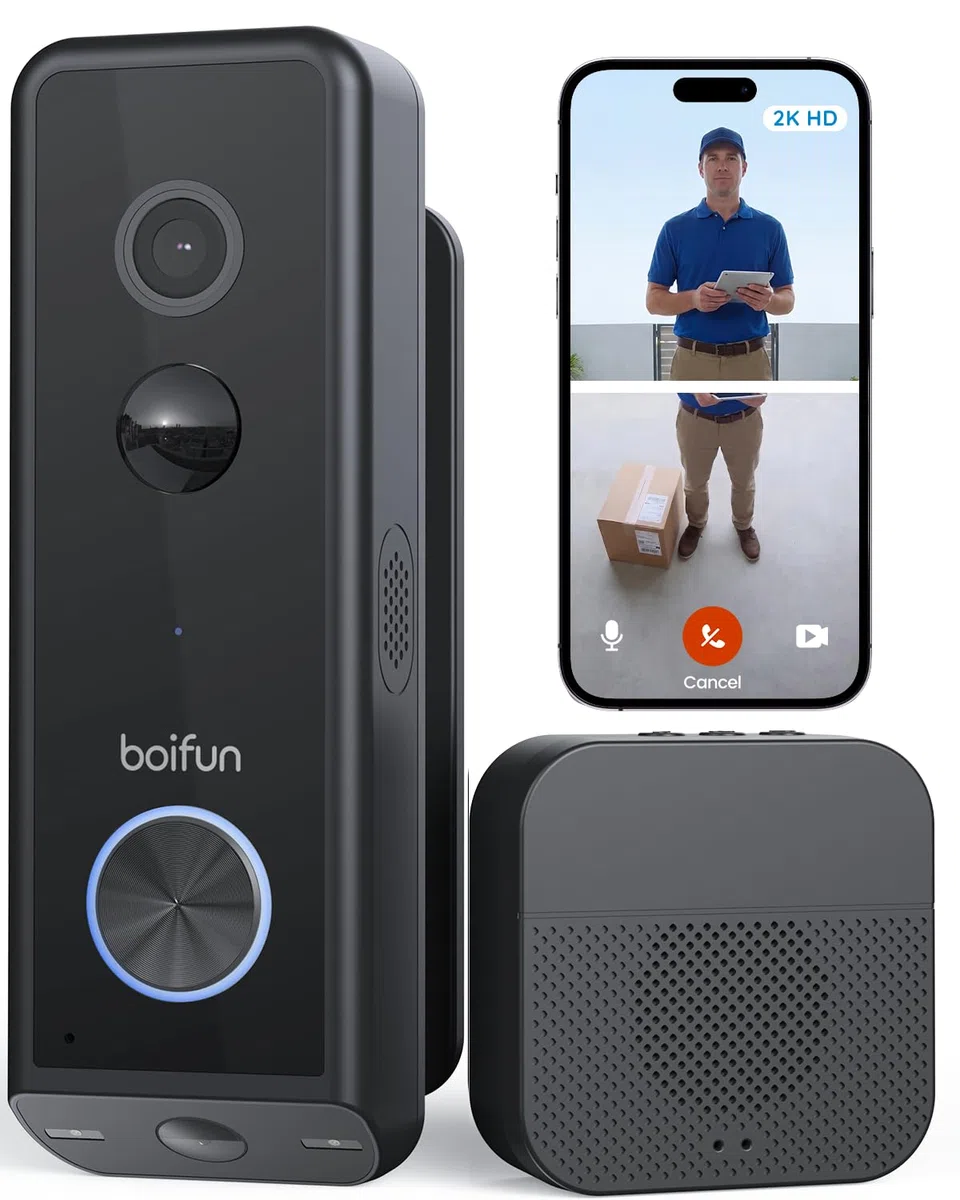 BOIFUN 2026 WLAN Video Türklingel mit Kamera, Dual Kameras für Paketschutz, 2K Full HD Farb-Nachtsicht, Akku oder kabelgebunden, Alexa-kompatibel, KI-Personenerkennung, Ohne ABO, 2,4 GHz, IP65